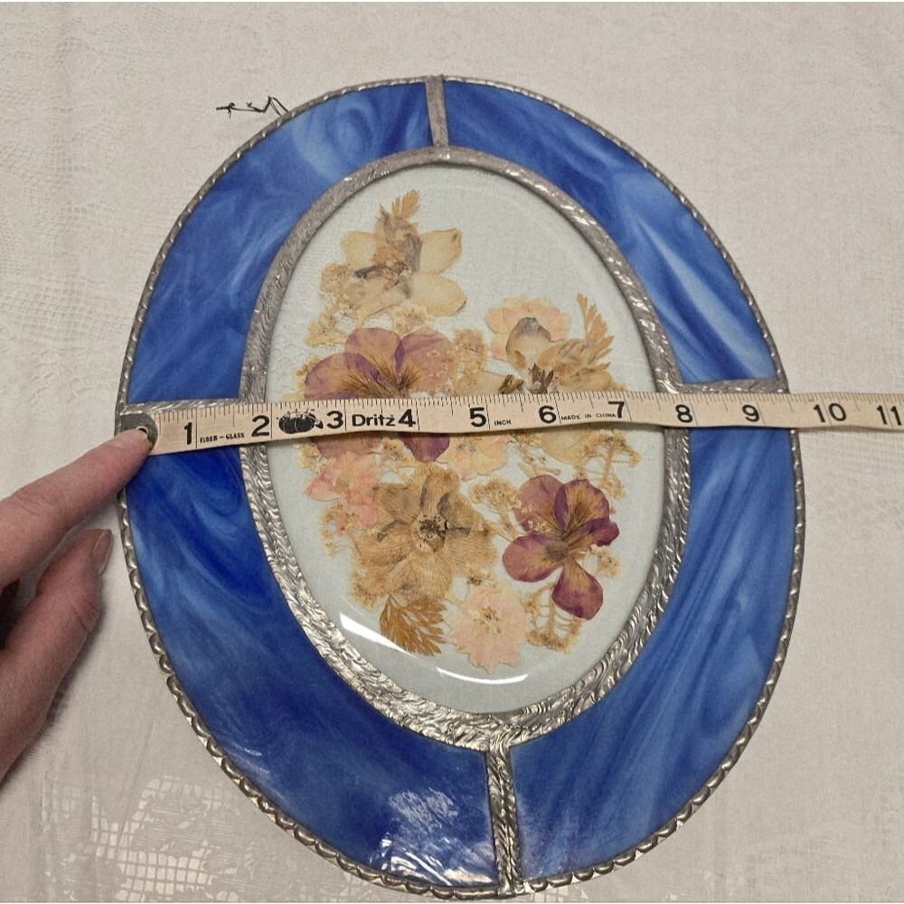 Vintage Large Cobalt Blue Stained Glass Dried Pressed Flowers Window Suncatcher - Picture 11 of 11